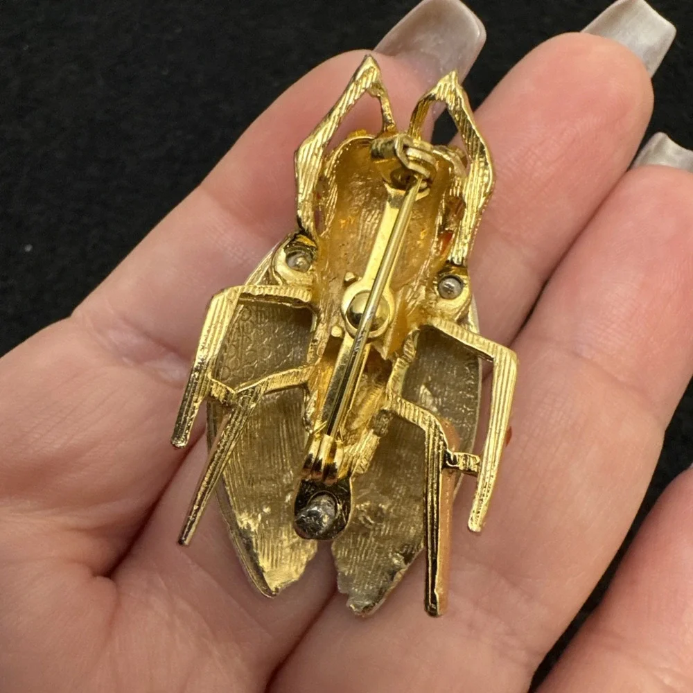Vintage 1950's Gorgeous Enamel Cicada Brooch Multicolored Gold Tone